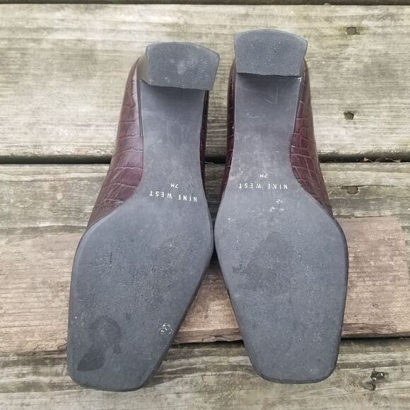 Vintage 90s y2k Brown Leather Croc Embossed Square Toe Chunky Heel Pumps 7 - Picture 4 of 14